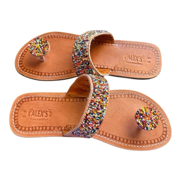 Alex’s Pure Genuine Leather Beaded Multi Color Handmade Thong Sandals- Coachella - Picture 12 of 14